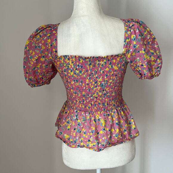 French Connection Stacie Daisy Print Smocked Peplum Top Moonlite Pink - Picture 5 of 8